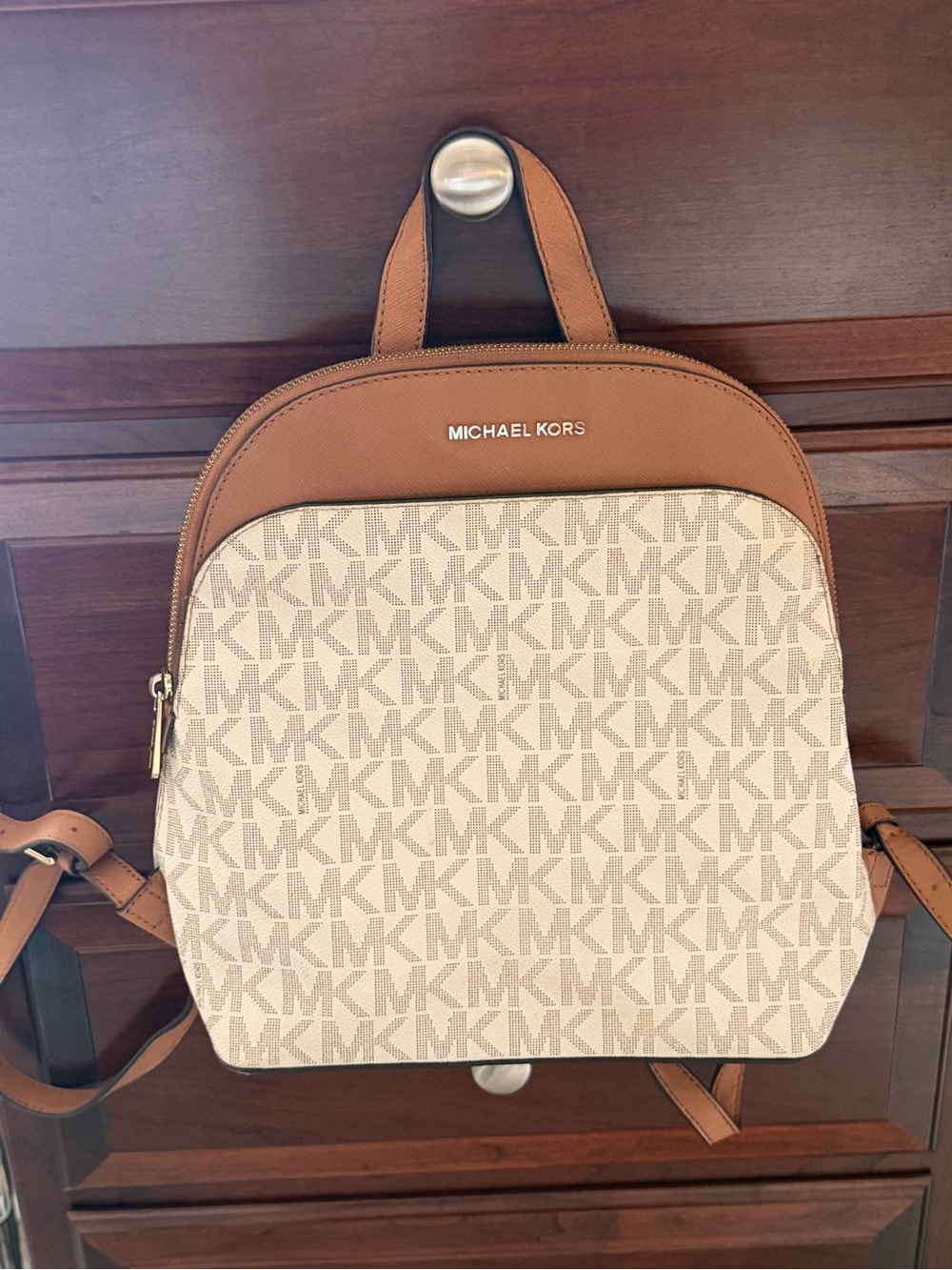 Michael Kors Beige Signature Canvas and Tan Leather Backpack